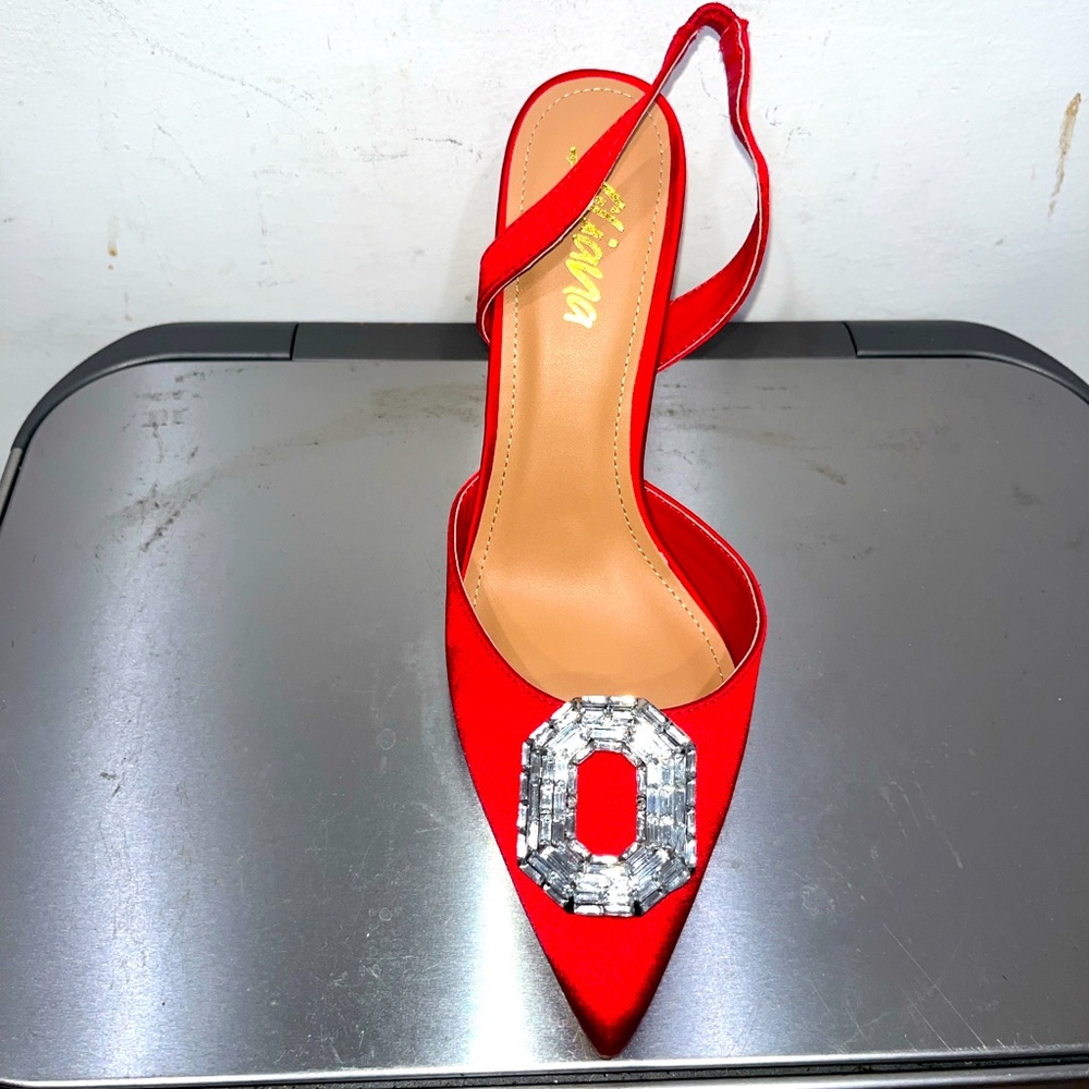 Red satin slingback rhinestone heels